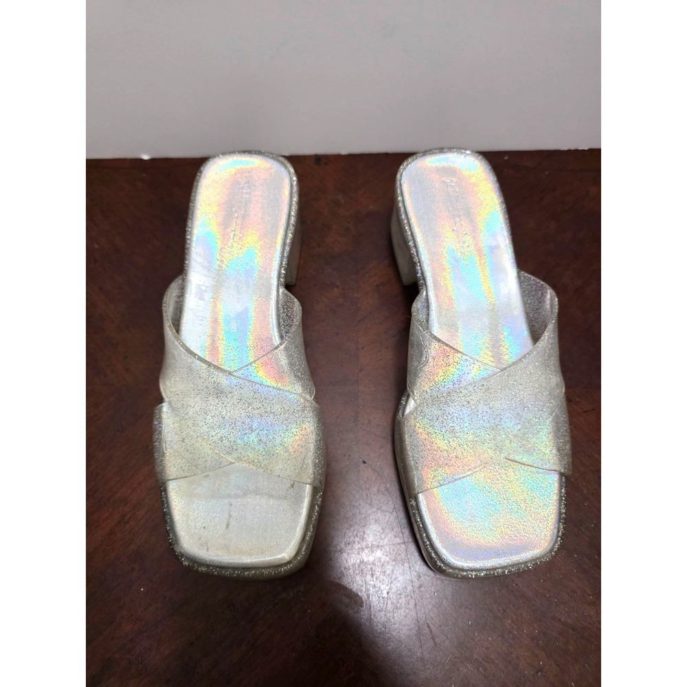 Jeffrey Campbell Women's Silver Glitter Slip-On Block Heel Sandals Cross-Strap S